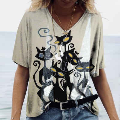 Naiste T-särk Multikas kassiga suvise lühikeste varrukatega V-kaelusega Kawaii mood vabaaja T-särgid kassi naljaka naiselikkusega rõivastega