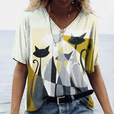 Naiste T-särk Multikas kassiga suvise lühikeste varrukatega V-kaelusega Kawaii mood vabaaja T-särgid kassi naljaka naiselikkusega rõivastega