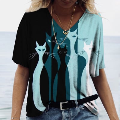 Naiste T-särk Multikas kassiga suvise lühikeste varrukatega V-kaelusega Kawaii mood vabaaja T-särgid kassi naljaka naiselikkusega rõivastega