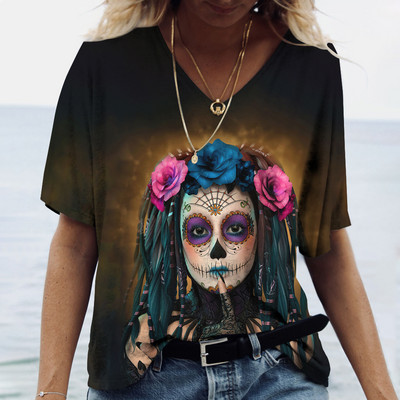 2023 Vintage Skull Face Tricou pentru femei Topuri cu gât în V Pulover casual din bumbac cu mânecă scurtă de vară Femei Harajuku Punk Streetwear