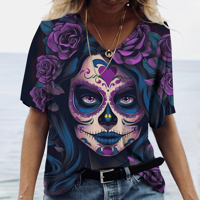 2023 Vintage Skull Face Tricou pentru femei Topuri cu gât în V Pulover casual din bumbac cu mânecă scurtă de vară Femei Harajuku Punk Streetwear