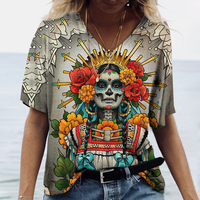 2023 Vintage Skull Face Tricou pentru femei Topuri cu gât în V Pulover casual din bumbac cu mânecă scurtă de vară Femei Harajuku Punk Streetwear