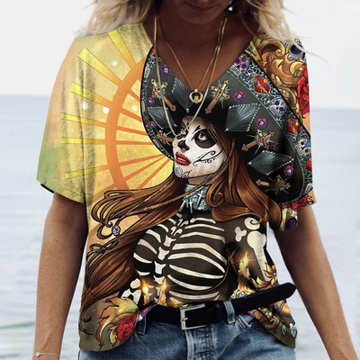 2023 Vintage Skull Face Tricou pentru femei Topuri cu gât în V Pulover casual din bumbac cu mânecă scurtă de vară Femei Harajuku Punk Streetwear