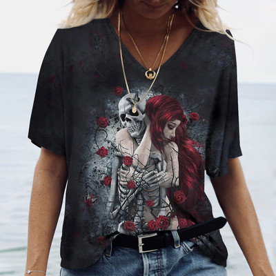 2023 Vintage Skull Face Tricou pentru femei Topuri cu gât în V Pulover casual din bumbac cu mânecă scurtă de vară Femei Harajuku Punk Streetwear