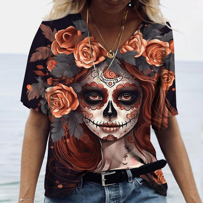 2023 Vintage Skull Face Tricou pentru femei Topuri cu gât în V Pulover casual din bumbac cu mânecă scurtă de vară Femei Harajuku Punk Streetwear