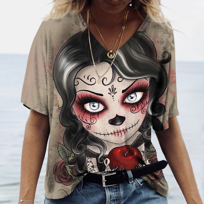 2023 Vintage Skull Face Tricou pentru femei Topuri cu gât în V Pulover casual din bumbac cu mânecă scurtă de vară Femei Harajuku Punk Streetwear