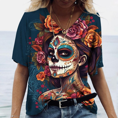 2023 Vintage Skull Face Tricou pentru femei Topuri cu gât în V Pulover casual din bumbac cu mânecă scurtă de vară Femei Harajuku Punk Streetwear