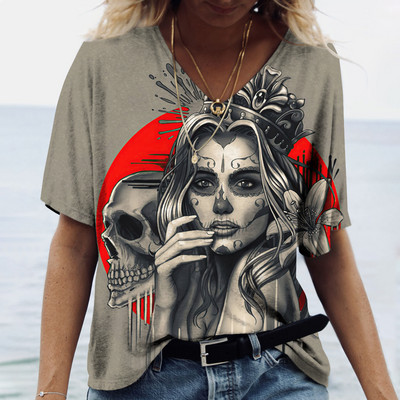 2023 Vintage Skull Face Tricou pentru femei Topuri cu gât în V Pulover casual din bumbac cu mânecă scurtă de vară Femei Harajuku Punk Streetwear