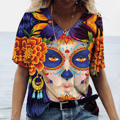 2023 Vintage Skull Face Tricou pentru femei Topuri cu gât în V Pulover casual din bumbac cu mânecă scurtă de vară Femei Harajuku Punk Streetwear