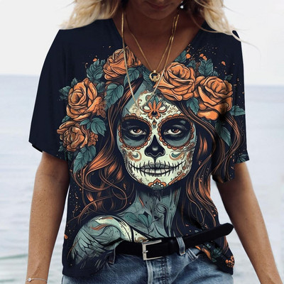 2023 Vintage Skull Face Tricou pentru femei Topuri cu gât în V Pulover casual din bumbac cu mânecă scurtă de vară Femei Harajuku Punk Streetwear