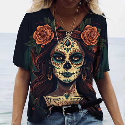 2023 Vintage Skull Face Tricou pentru femei Topuri cu gât în V Pulover casual din bumbac cu mânecă scurtă de vară Femei Harajuku Punk Streetwear