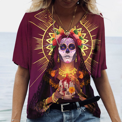 2023 Vintage Skull Face Tricou pentru femei Topuri cu gât în V Pulover casual din bumbac cu mânecă scurtă de vară Femei Harajuku Punk Streetwear