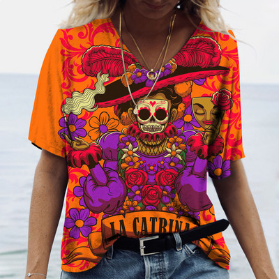2023 Vintage Skull Face Tricou pentru femei Topuri cu gât în V Pulover casual din bumbac cu mânecă scurtă de vară Femei Harajuku Punk Streetwear