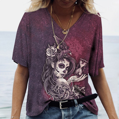 2023 Vintage Skull Face Tricou pentru femei Topuri cu gât în V Pulover casual din bumbac cu mânecă scurtă de vară Femei Harajuku Punk Streetwear