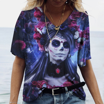 2023 Vintage Skull Face Tricou pentru femei Topuri cu gât în V Pulover casual din bumbac cu mânecă scurtă de vară Femei Harajuku Punk Streetwear