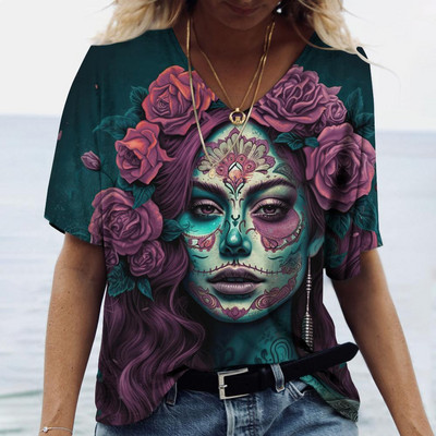 2023 Vintage Skull Face Tricou pentru femei Topuri cu gât în V Pulover casual din bumbac cu mânecă scurtă de vară Femei Harajuku Punk Streetwear