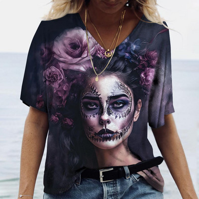 2023 Vintage Skull Face Tricou pentru femei Topuri cu gât în V Pulover casual din bumbac cu mânecă scurtă de vară Femei Harajuku Punk Streetwear