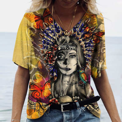 2023 Vintage Skull Face Tricou pentru femei Topuri cu gât în V Pulover casual din bumbac cu mânecă scurtă de vară Femei Harajuku Punk Streetwear