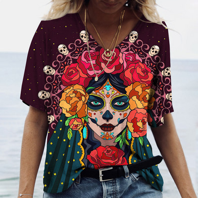 2023 Vintage Skull Face Tricou pentru femei Topuri cu gât în V Pulover casual din bumbac cu mânecă scurtă de vară Femei Harajuku Punk Streetwear