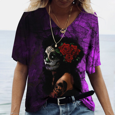 2023 Vintage Skull Face Tricou pentru femei Topuri cu gât în V Pulover casual din bumbac cu mânecă scurtă de vară Femei Harajuku Punk Streetwear
