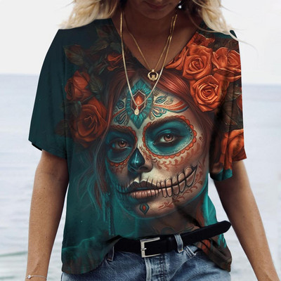 2023 Vintage Skull Face Tricou pentru femei Topuri cu gât în V Pulover casual din bumbac cu mânecă scurtă de vară Femei Harajuku Punk Streetwear