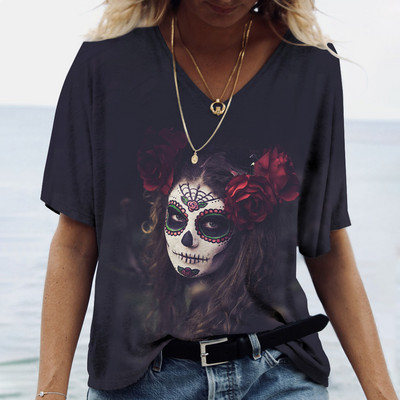 2023 Vintage Skull Face Tricou pentru femei Topuri cu gât în V Pulover casual din bumbac cu mânecă scurtă de vară Femei Harajuku Punk Streetwear