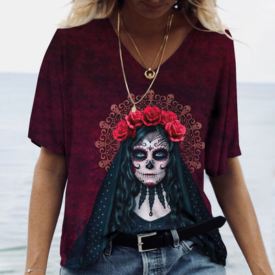 2023 Vintage Skull Face Tricou pentru femei Topuri cu gât în V Pulover casual din bumbac cu mânecă scurtă de vară Femei Harajuku Punk Streetwear