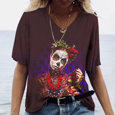 2023 Vintage Skull Face Tricou pentru femei Topuri cu gât în V Pulover casual din bumbac cu mânecă scurtă de vară Femei Harajuku Punk Streetwear