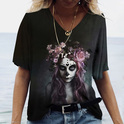 2023 Vintage Skull Face Tricou pentru femei Topuri cu gât în V Pulover casual din bumbac cu mânecă scurtă de vară Femei Harajuku Punk Streetwear