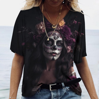 2023 Vintage Skull Face Tricou pentru femei Topuri cu gât în V Pulover casual din bumbac cu mânecă scurtă de vară Femei Harajuku Punk Streetwear