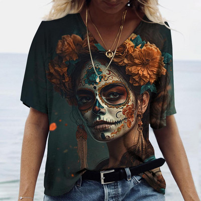 2023 Vintage Skull Face Tricou pentru femei Topuri cu gât în V Pulover casual din bumbac cu mânecă scurtă de vară Femei Harajuku Punk Streetwear
