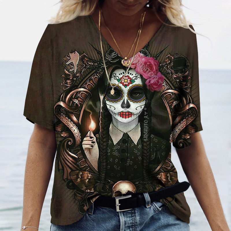 2023 Vintage Skull Face Tricou pentru femei Topuri cu gât în V Pulover casual din bumbac cu mânecă scurtă de vară Femei Harajuku Punk Streetwear