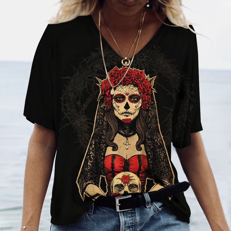 2023 Vintage Skull Face Tricou pentru femei Topuri cu gât în V Pulover casual din bumbac cu mânecă scurtă de vară Femei Harajuku Punk Streetwear