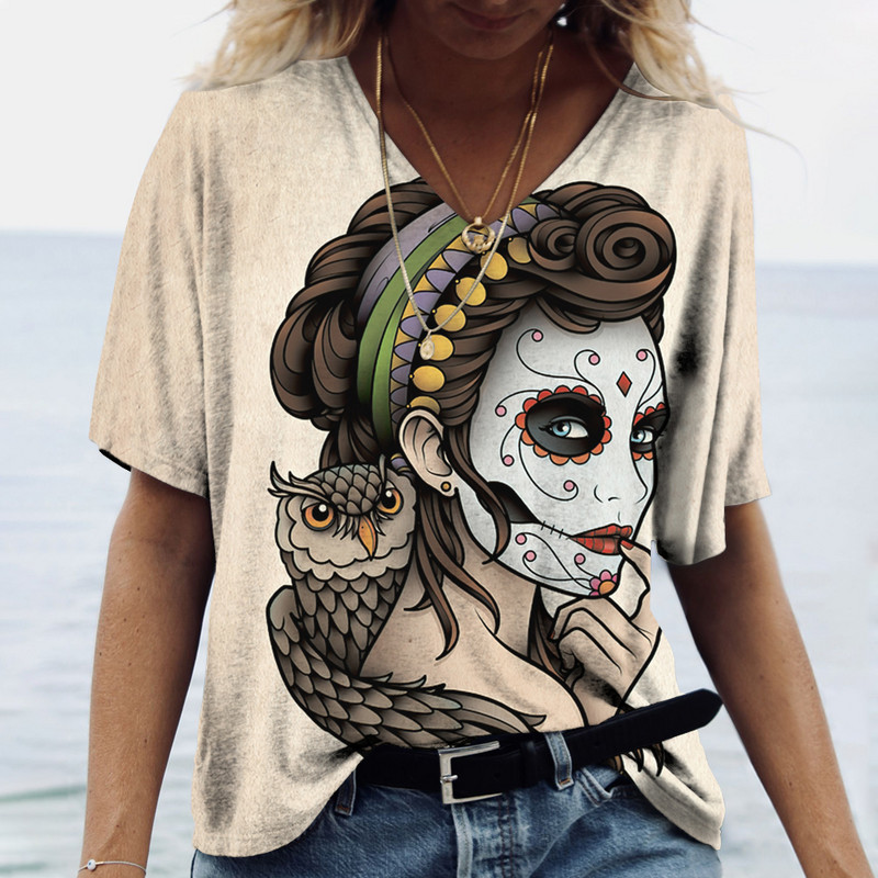 2023 Vintage Skull Face Tricou pentru femei Topuri cu gât în V Pulover casual din bumbac cu mânecă scurtă de vară Femei Harajuku Punk Streetwear