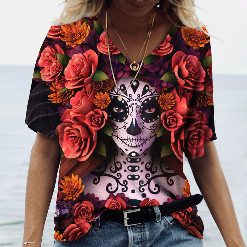 2023 Vintage Skull Face Tricou pentru femei Topuri cu gât în V Pulover casual din bumbac cu mânecă scurtă de vară Femei Harajuku Punk Streetwear