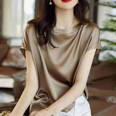 Tricouri subțiri din mătase cu mânecă scurtă Stil coreean Slip Femei Haine de vară Elegante Negru Maro Topuri Solide Lejer Casual 4XL