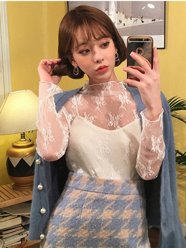 Nyári női csipke virágos hímzéses blúzok ing Női felsők Szexi hálós blúzok Átlátszó elegáns átlátszó fekete ing