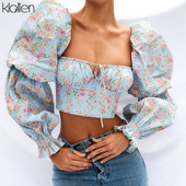 KLALIEN Moda de primăvară-vară elegantă franțuzească romantică florală cu mâneci bufante cu guler pătrat pentru femei, cămașă nouă din șifon alb