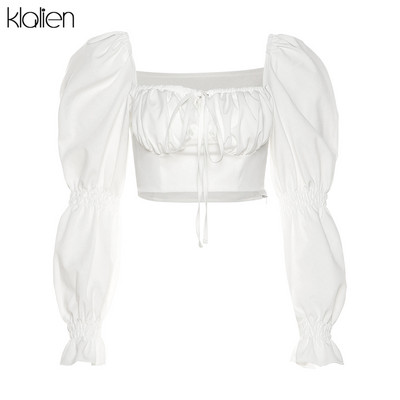 KLALIEN Moda de primăvară-vară elegantă franțuzească romantică florală cu mâneci bufante cu guler pătrat pentru femei, cămașă nouă din șifon alb