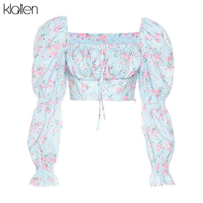 KLALIEN Moda de primăvară-vară elegantă franțuzească romantică florală cu mâneci bufante cu guler pătrat pentru femei, cămașă nouă din șifon alb
