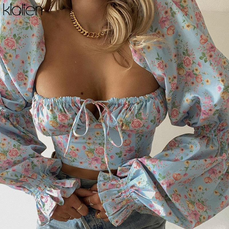 KLALIEN Moda de primăvară-vară elegantă franțuzească romantică florală cu mâneci bufante cu guler pătrat pentru femei, cămașă nouă din șifon alb