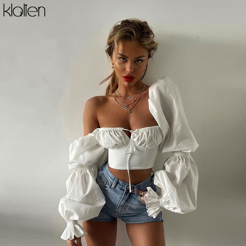 KLALIEN Moda de primăvară-vară elegantă franțuzească romantică florală cu mâneci bufante cu guler pătrat pentru femei, cămașă nouă din șifon alb