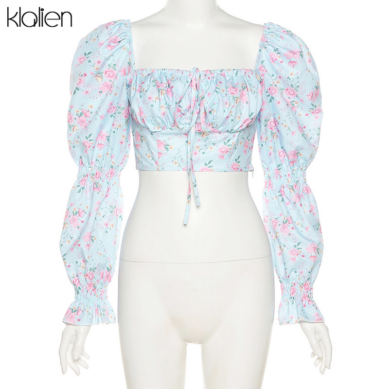 KLALIEN Moda de primăvară-vară elegantă franțuzească romantică florală cu mâneci bufante cu guler pătrat pentru femei, cămașă nouă din șifon alb