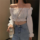 Top pentru femei Bluză sexy cu umăr dezactivat Top cu mânecă lungă pentru petrecere în club Cămașă albă cu mâneci bufante Crop Top cu volane Top cu tuburi de vară