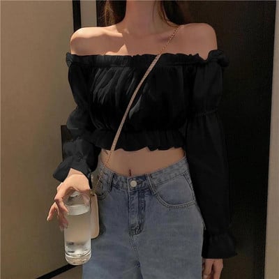 Top pentru femei Bluză sexy cu umăr dezactivat Top cu mânecă lungă pentru petrecere în club Cămașă albă cu mâneci bufante Crop Top cu volane Top cu tuburi de vară