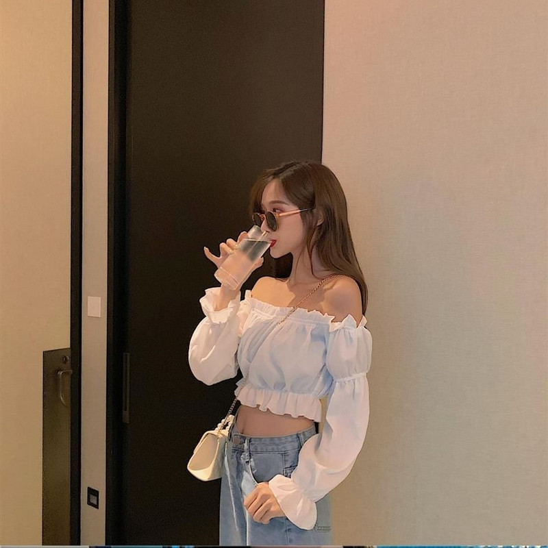 Top pentru femei Bluză sexy cu umăr dezactivat Top cu mânecă lungă pentru petrecere în club Cămașă albă cu mâneci bufante Crop Top cu volane Top cu tuburi de vară
