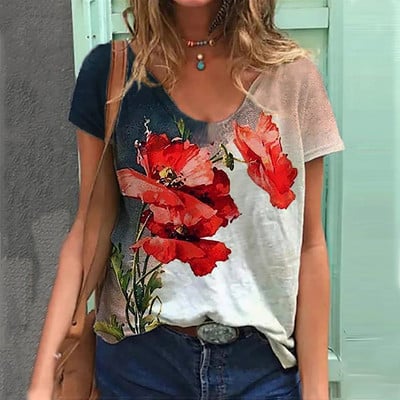 2022 Tricouri de damă Tricou cu temă florală de modă Tricou cu plante florale Îmbrăcăminte de vară Topuri de bază pentru femei Pulover larg imprimat 3D