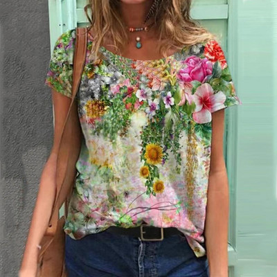 2022 Tricouri de damă Tricou cu temă florală de modă Tricou cu plante florale Îmbrăcăminte de vară Topuri de bază pentru femei Pulover larg imprimat 3D