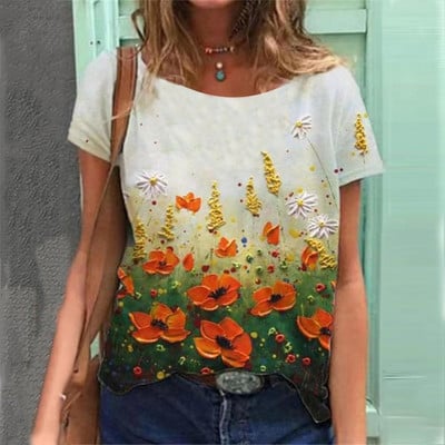 2022 Tricouri de damă Tricou cu temă florală de modă Tricou cu plante florale Îmbrăcăminte de vară Topuri de bază pentru femei Pulover larg imprimat 3D