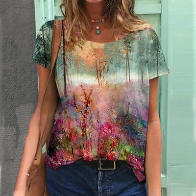 2022 Tricouri de damă Tricou cu temă florală de modă Tricou cu plante florale Îmbrăcăminte de vară Topuri de bază pentru femei Pulover larg imprimat 3D